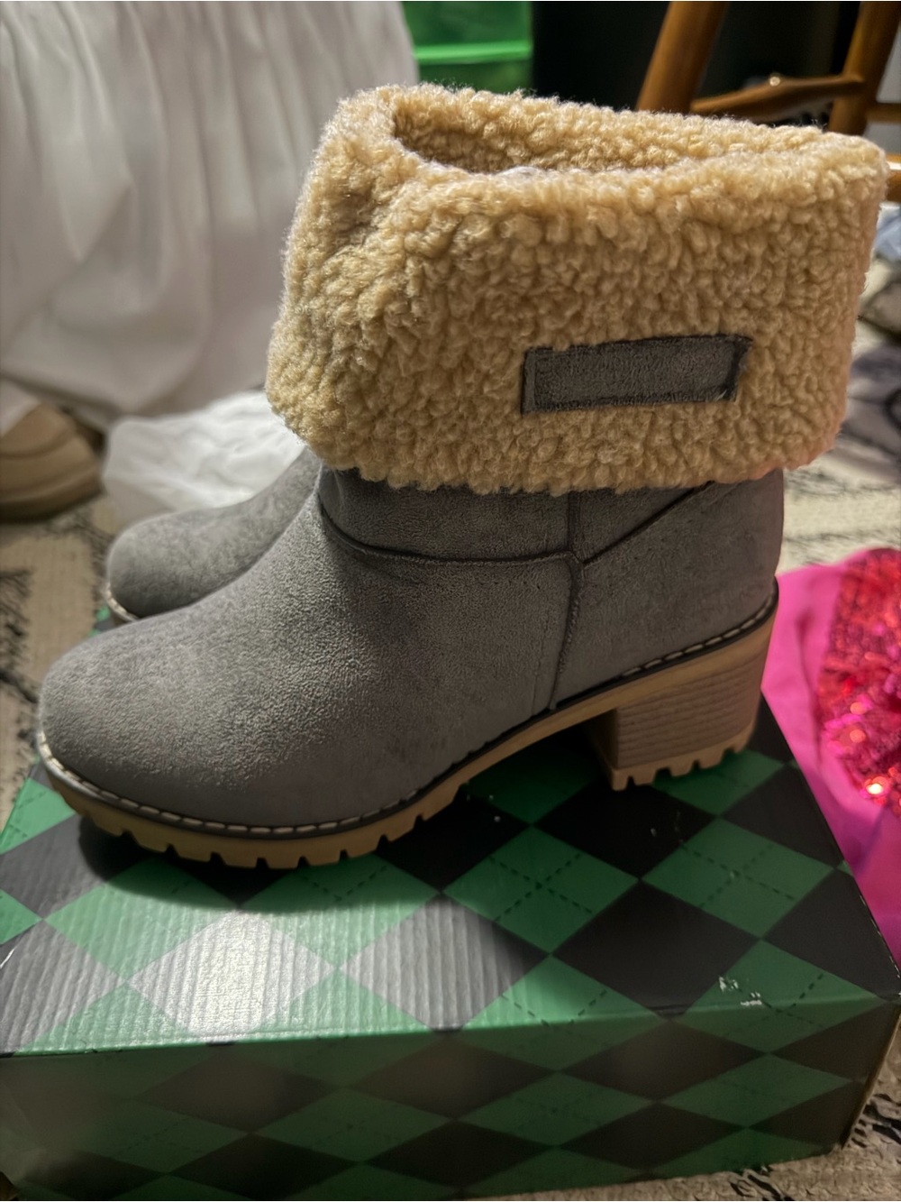 Faux Suede Fold-Over Ankle Boot with Shearling Cuff - Gray/Tan